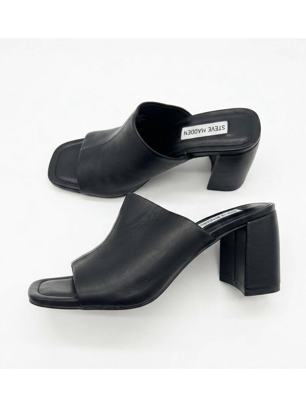 Steve Madden Artin Leather Square Open Toe Slide On Block Heel Mule Sandals 7.5